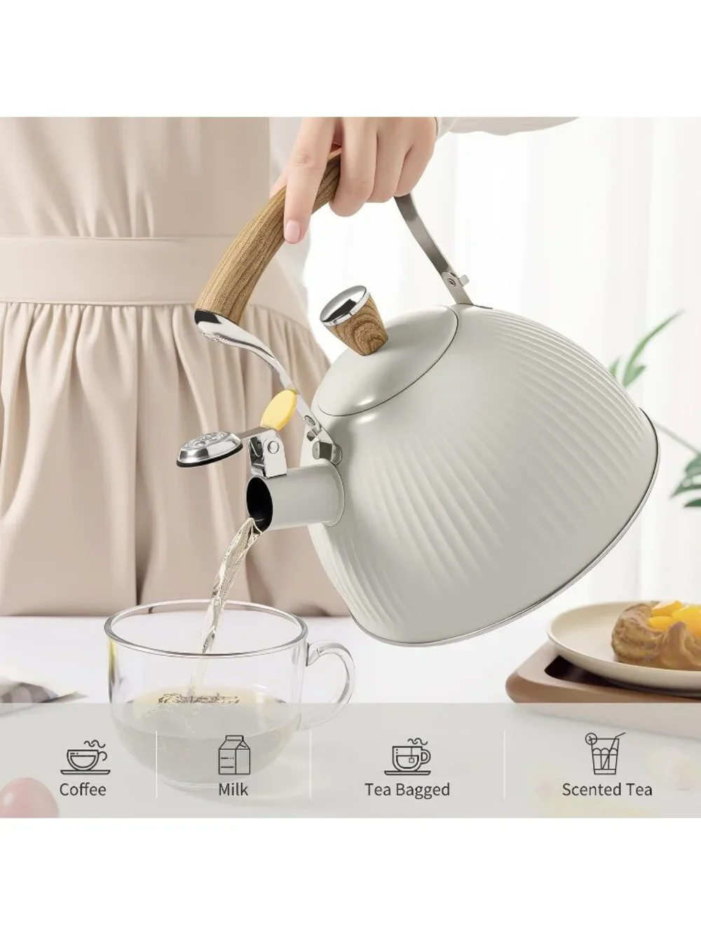 Creamy White Stainless Steel Kitchen Whistling Tea Kettles  2.5 Quart Wood